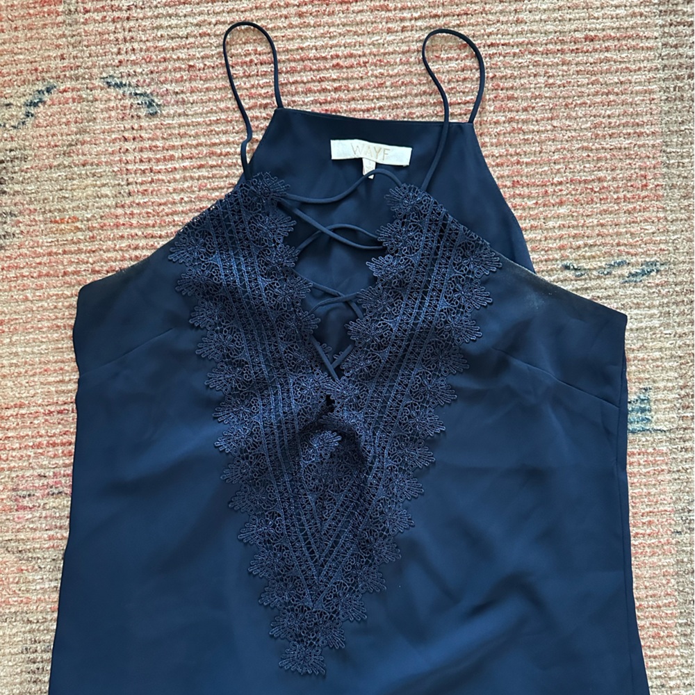 Elegant Navy Blue Halter Top with Lace Detail